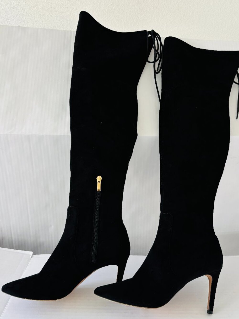 Neiman Marcus Black Suede Over the Knee Stiletto Boots Pointed Toe Tie Back 7.5M - Picture 10 of 14